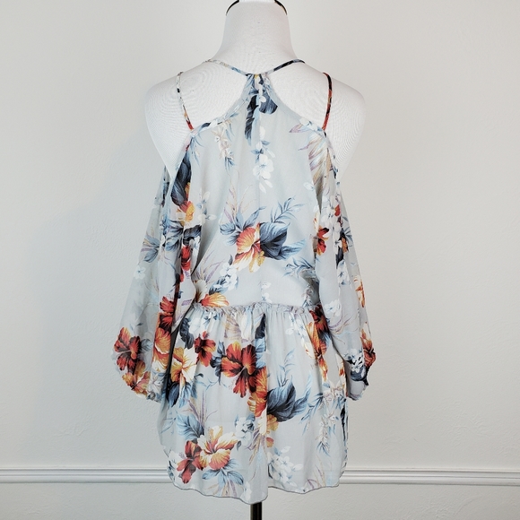 Buckle Gimmicks Top Floral Chiffon Strappy Cold Shoulder Boho Cottagecore Gray - Picture 9 of 14